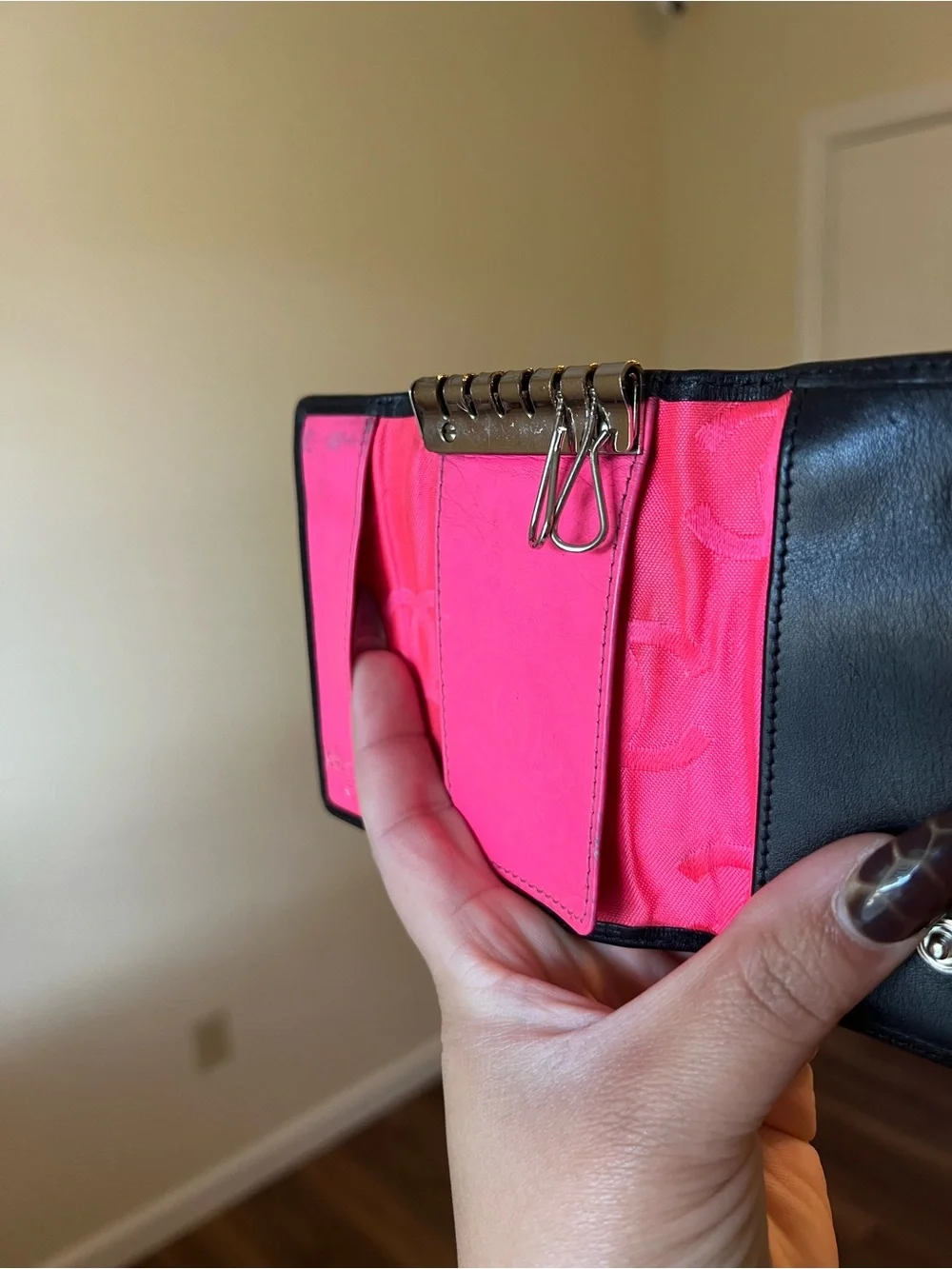 CHANEL Black Leather Key & Card Holder with Pink Interior